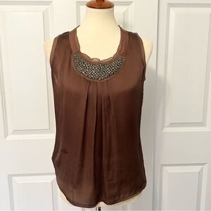 Jones New York Brown Silky Embellished Sleeveless Blouse